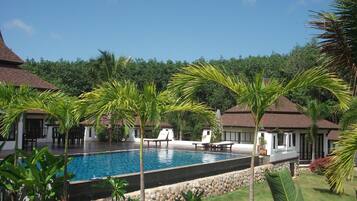 Outdoor pool, pool umbrellas, sun loungers