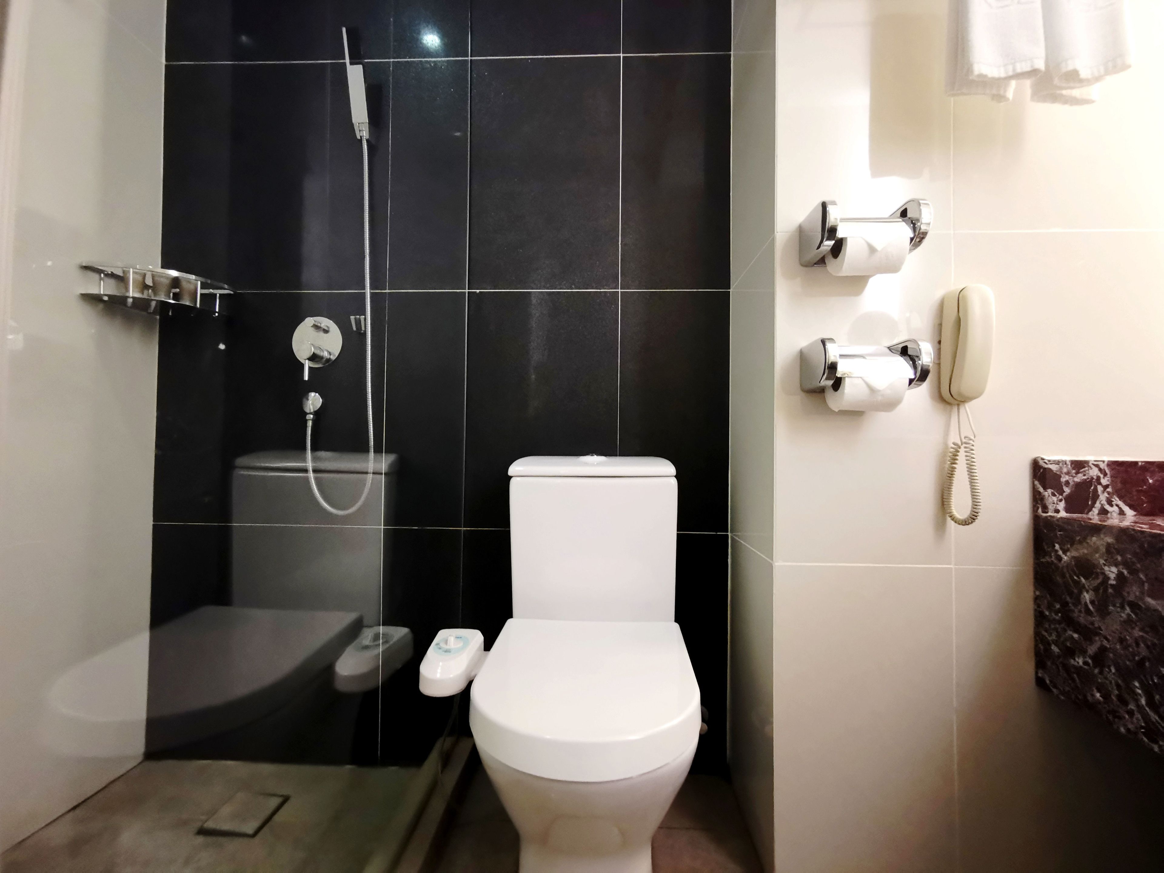 Baño con inodoro, ducha y teléfono.