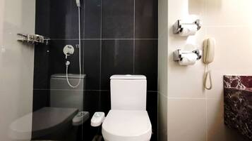 Baño con inodoro, ducha y teléfono.