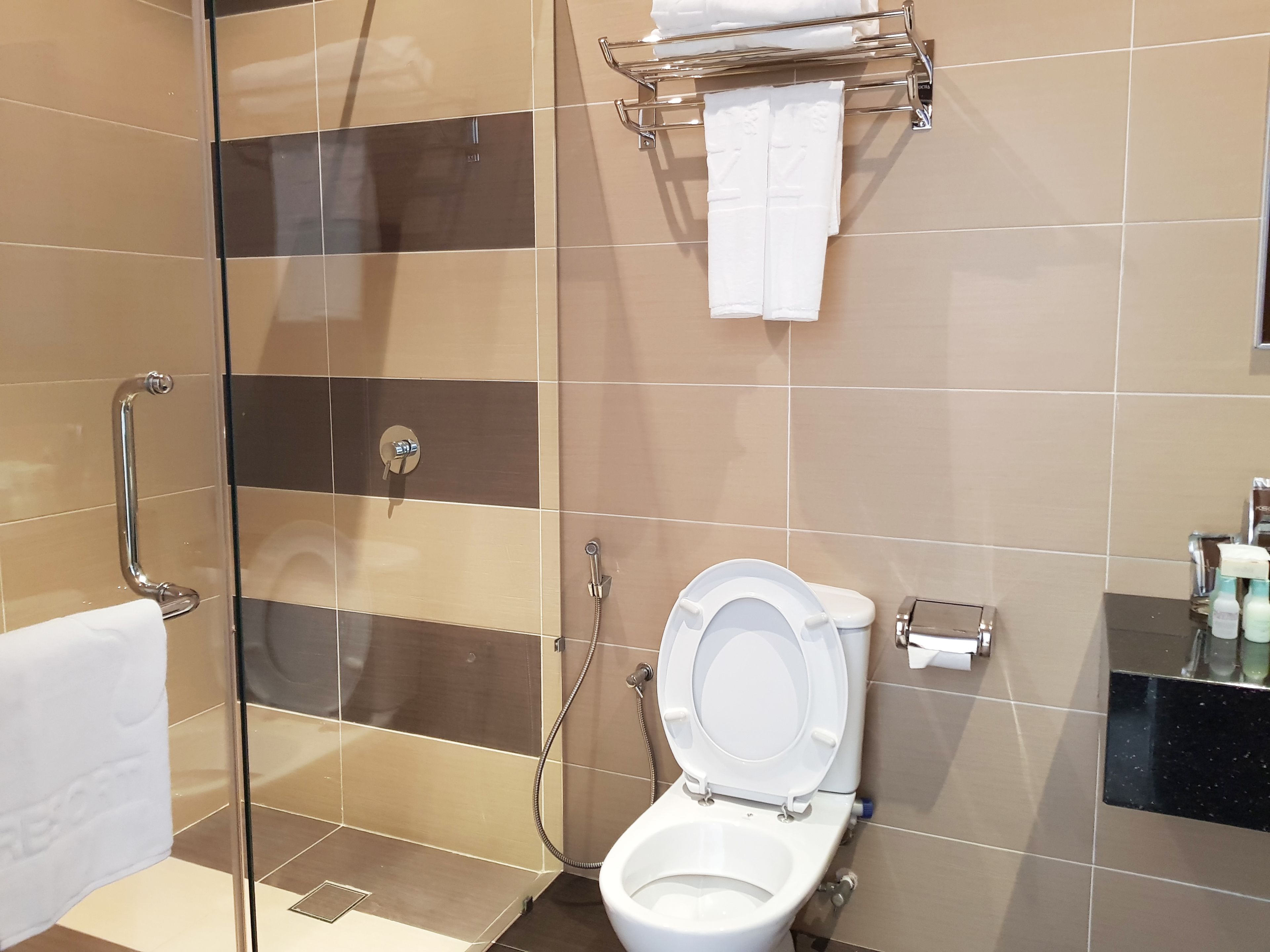 Un baño con cabina de ducha de vidrio, inodoro y toallero con toallas.