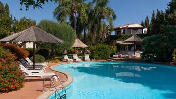 Outdoor pool, pool umbrellas, pool loungers