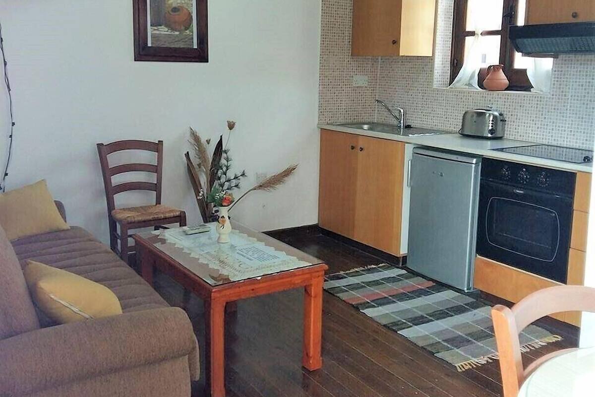 Ein gemütliches Wohnzimmer mit einer Couch, einem Couchtisch aus Holz und einem Esstisch. Es gibt eine Küchenzeile mit Holzausstattung, einer Spüle und einem Herd. Ein Fernseher ist über der Couch an der Wand angebracht.