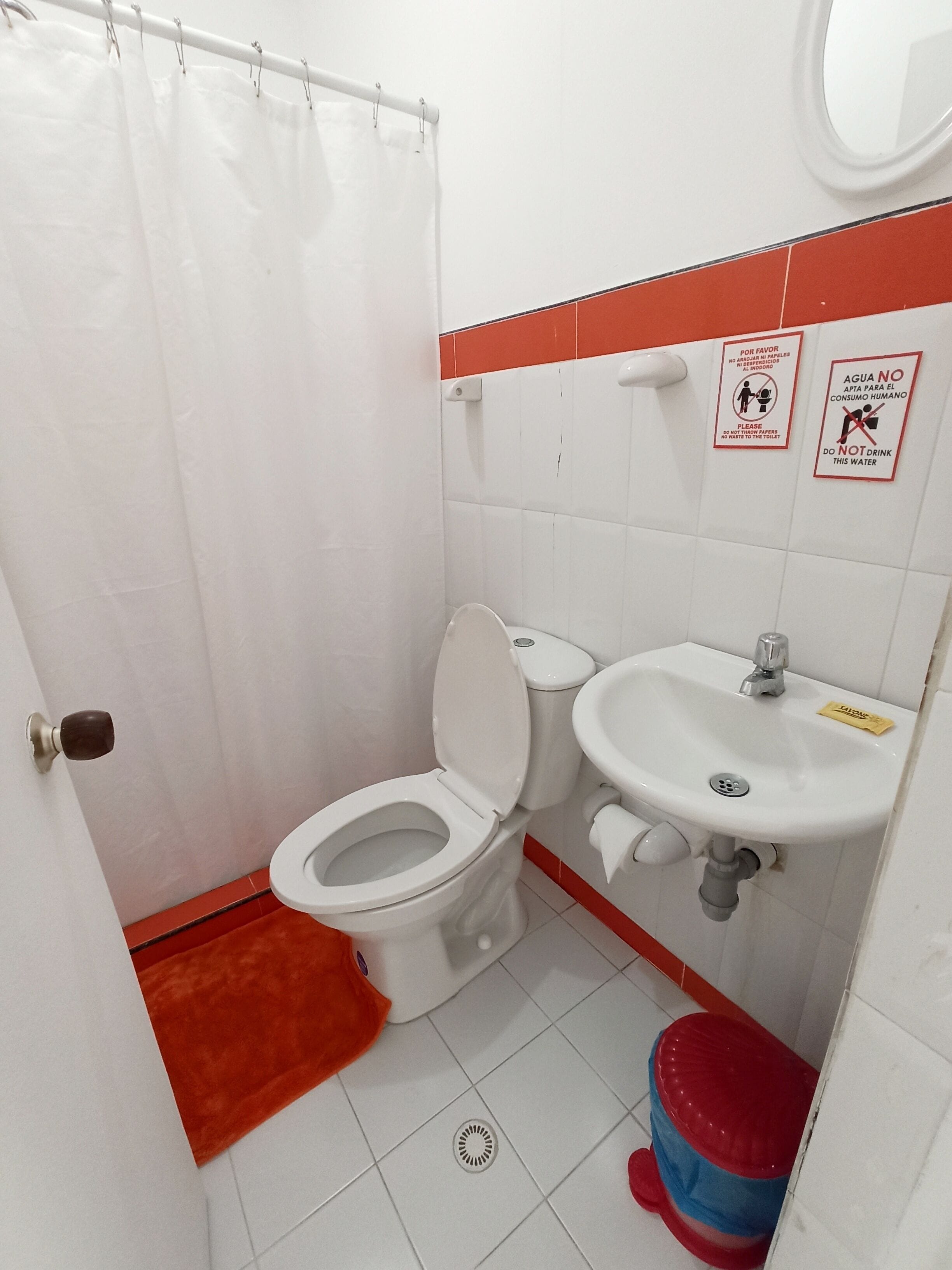 A small bathroom with a toilet, sink, and shower curtain.