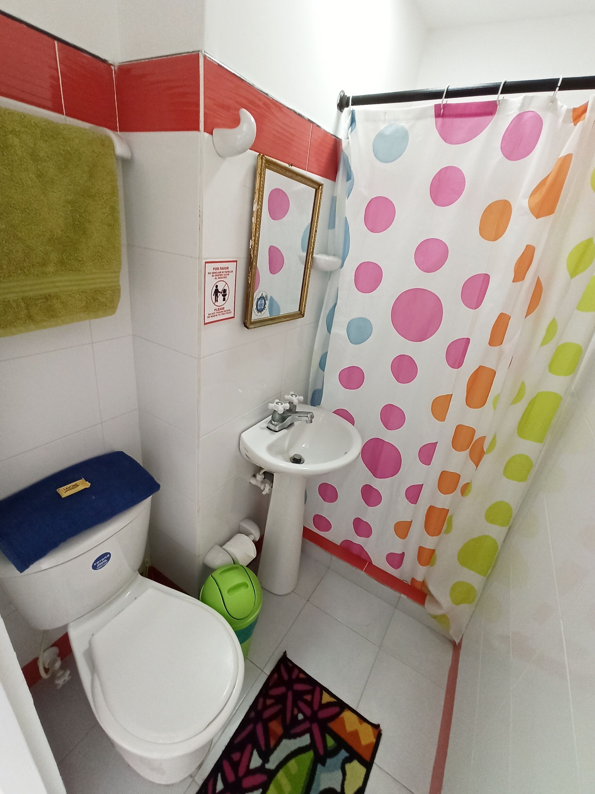 A bathroom with a toilet, sink, and shower curtain.