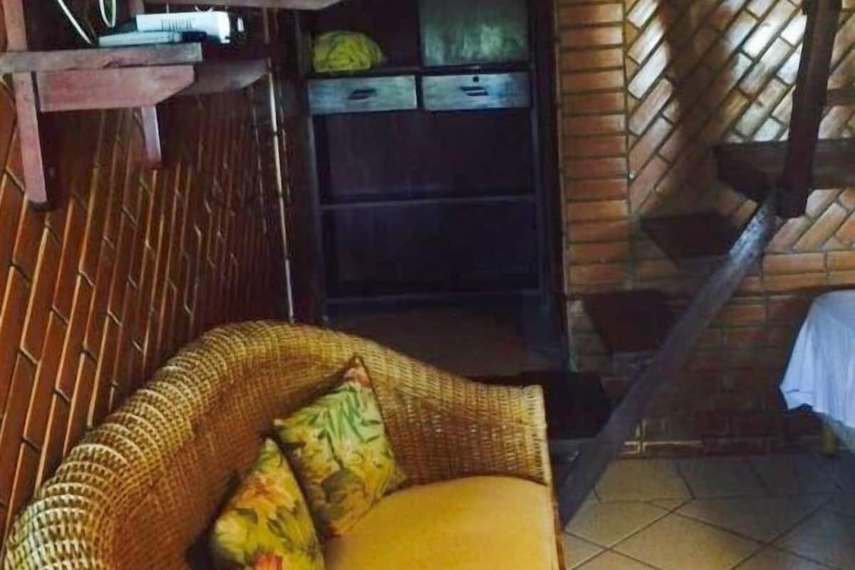 Un sofá de mimbre con un cojín amarillo, un televisor sobre un estante de madera y una pared de ladrillo con patrón de espiga.