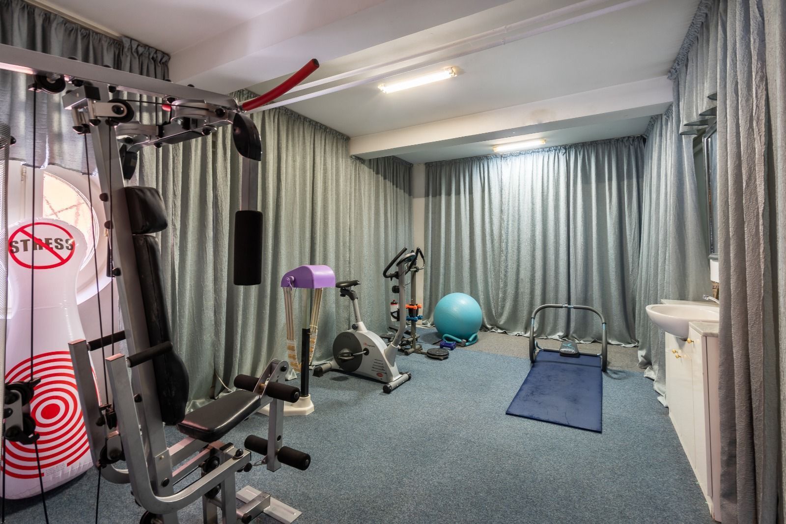 A gym with a variety of exercise equipment, including a treadmill, stationary bike, and free weights.