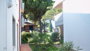 Un étroit sentier mène à un bâtiment doté d’un toit en tuiles, entouré d’une végétation luxuriante et d’un petit jardin.