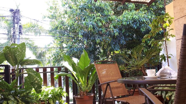 Un patio con mesa y sillas, rodeado de plantas en macetas y una valla de madera.
