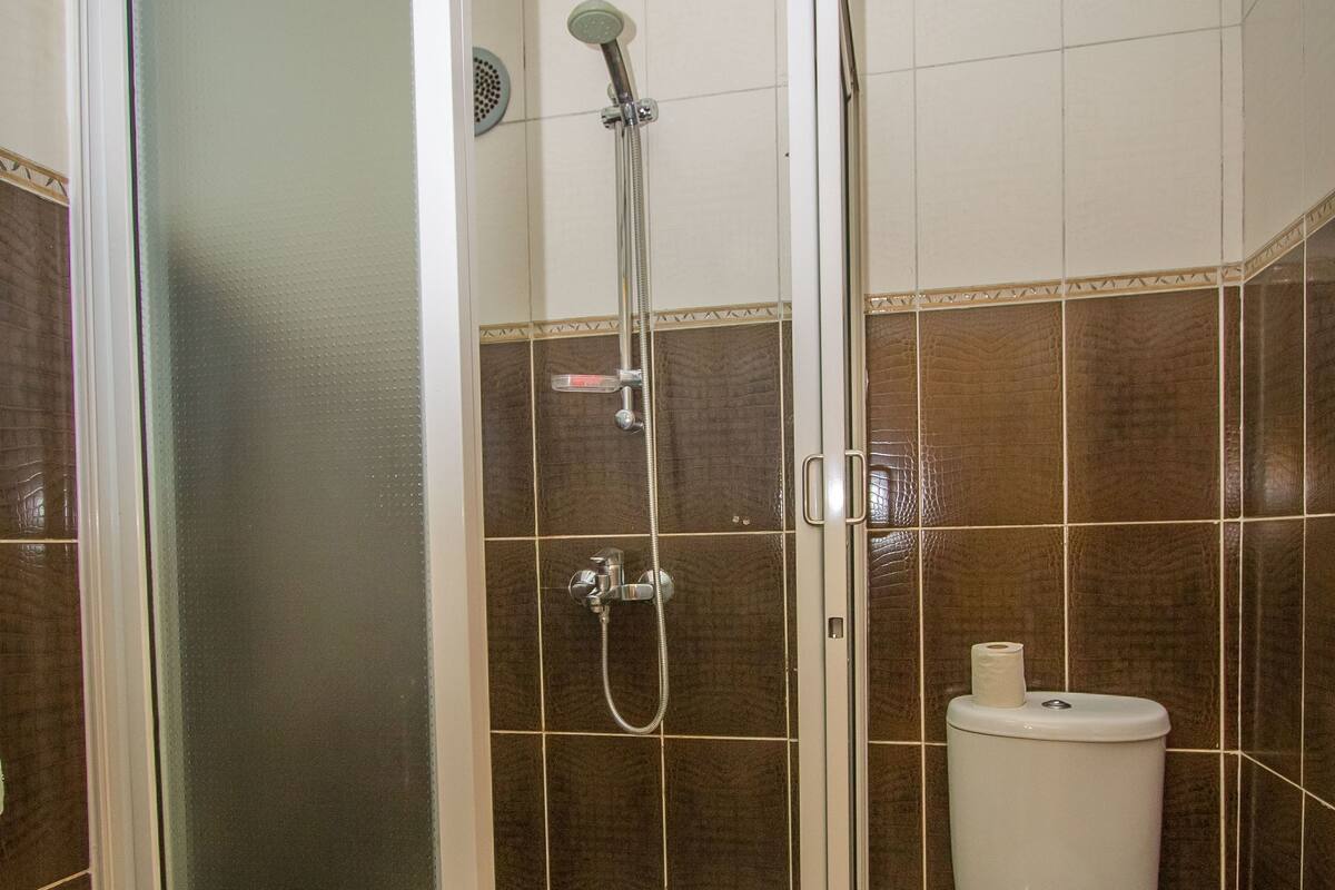 Separate bathtub and shower, free toiletries, hair dryer, towels