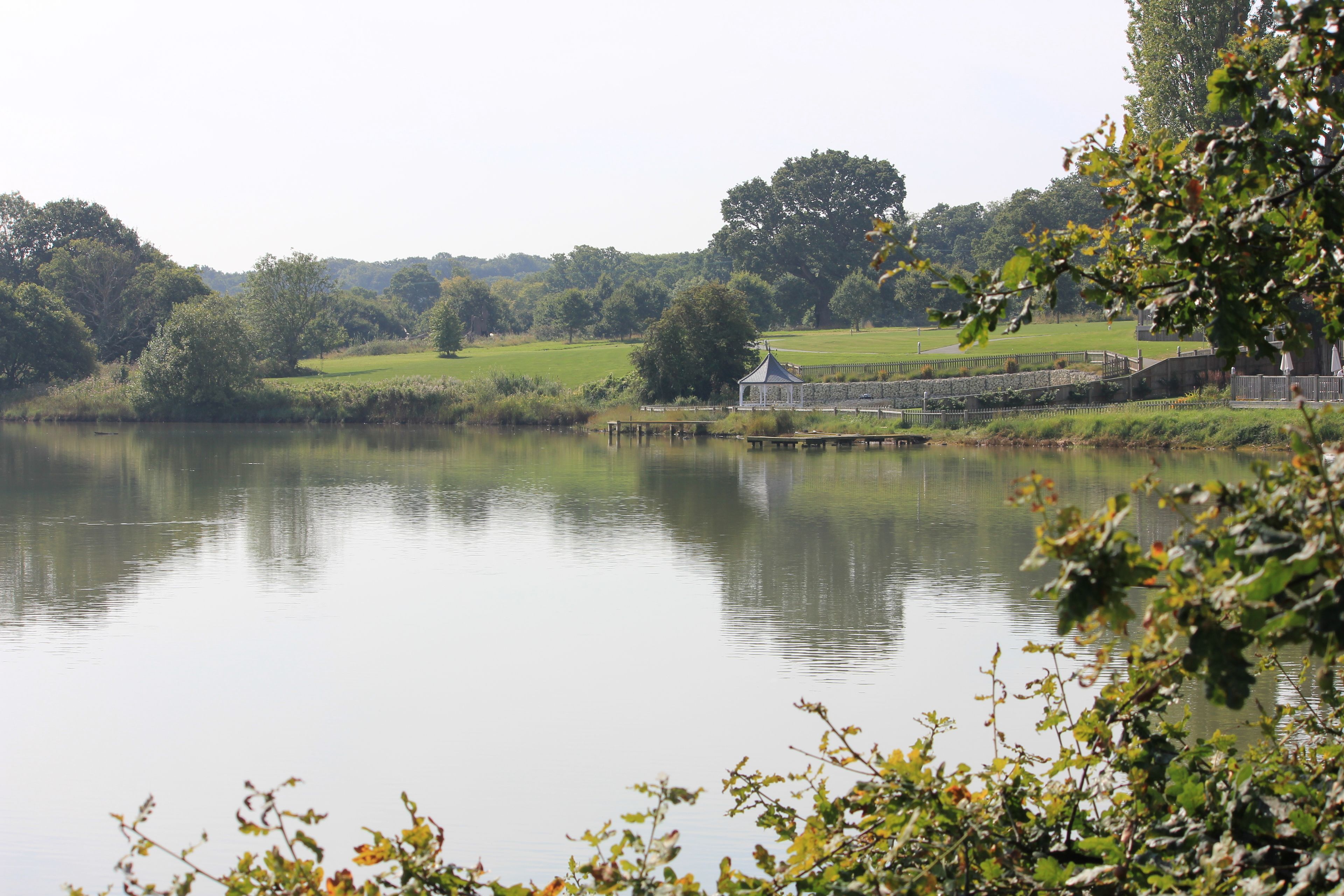 Escena tranquila junto al lago con un pabellón, un muelle de madera y abundante vegetación.