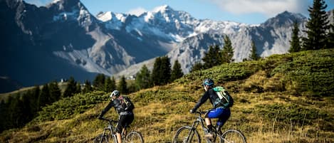 Two mountain bikers on a grassy slope with a mountainous backdrop.
