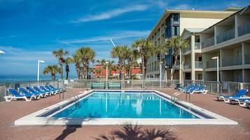 Outdoor pool, open 9:00 AM to 9:00 PM, pool umbrellas, sun loungers