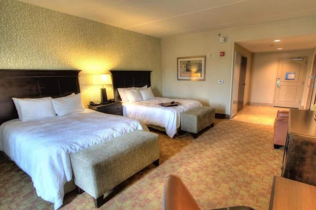 A hotel room with two beds, a desk, a chair, and a carpeted floor.
