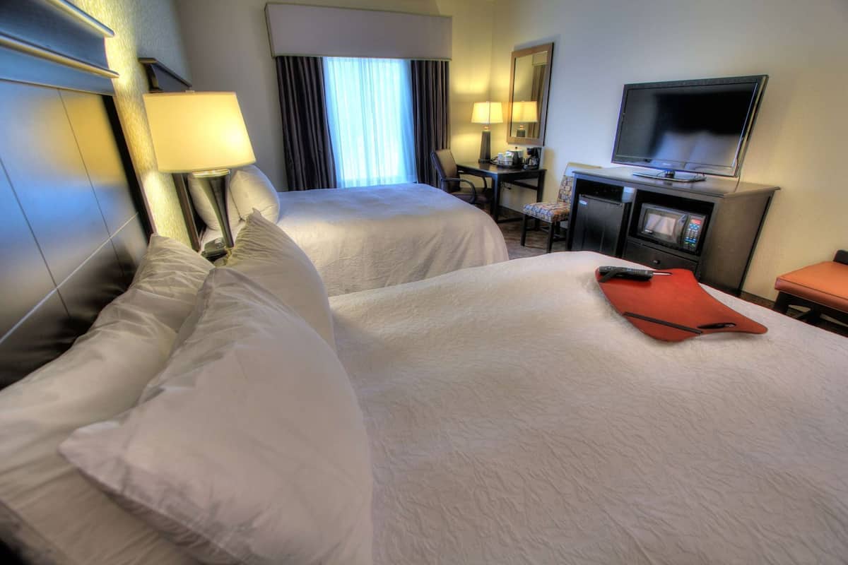 A hotel room with two beds, a desk with a chair, a television, and a microwave.