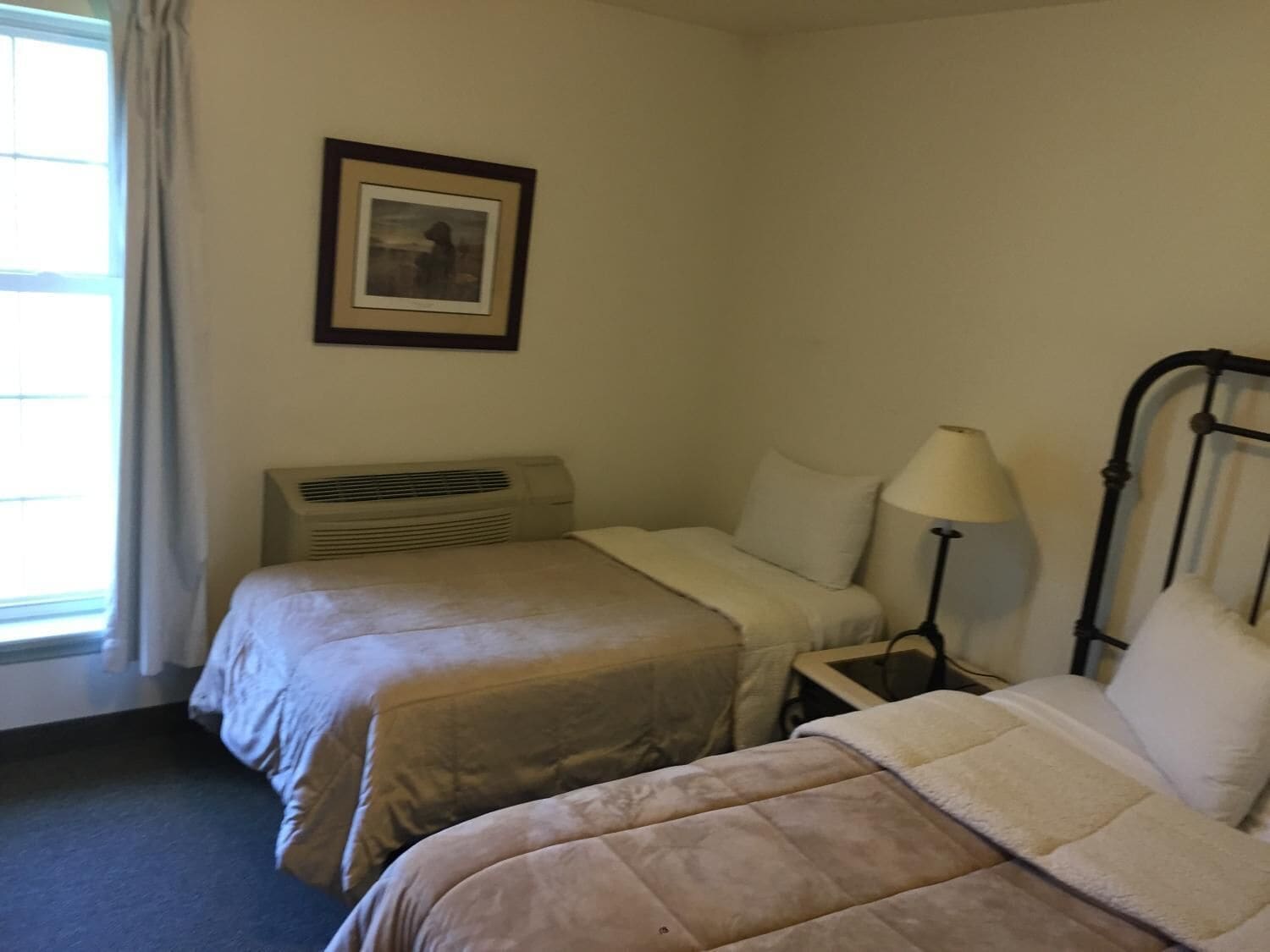 Ein Hotelzimmer mit zwei Betten, einem Nachttisch mit Lampe, einem gerahmten Bild an der Wand und einem Fenster mit Vorhängen.