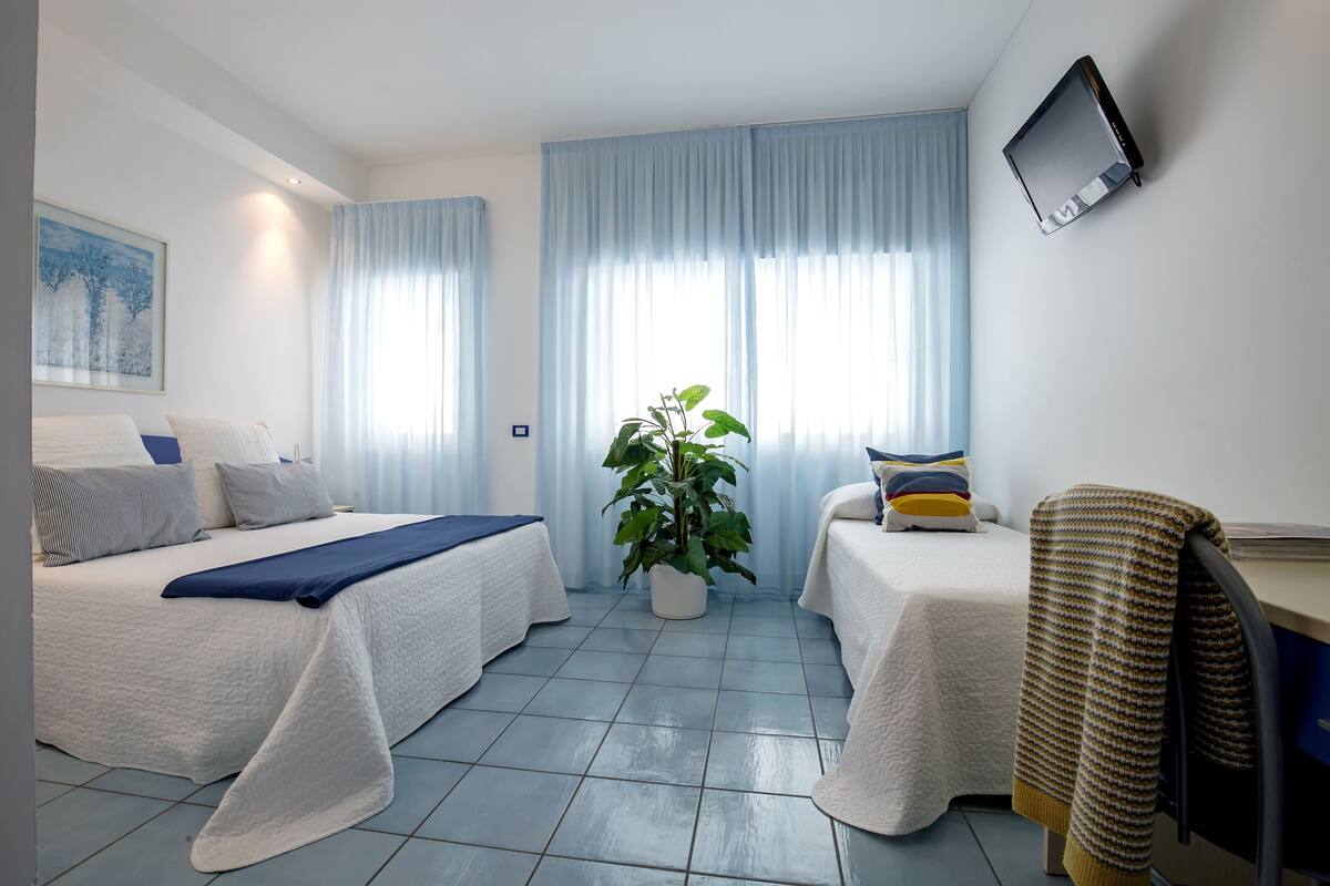 A hotel room with two beds, a desk, a TV, and a potted plant.