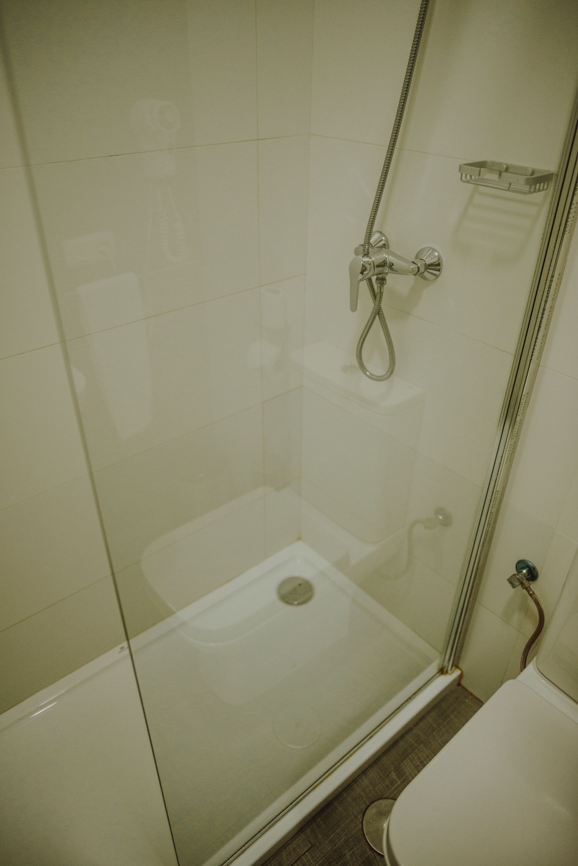 A glass-enclosed shower with a handheld showerhead and a wall-mounted faucet.