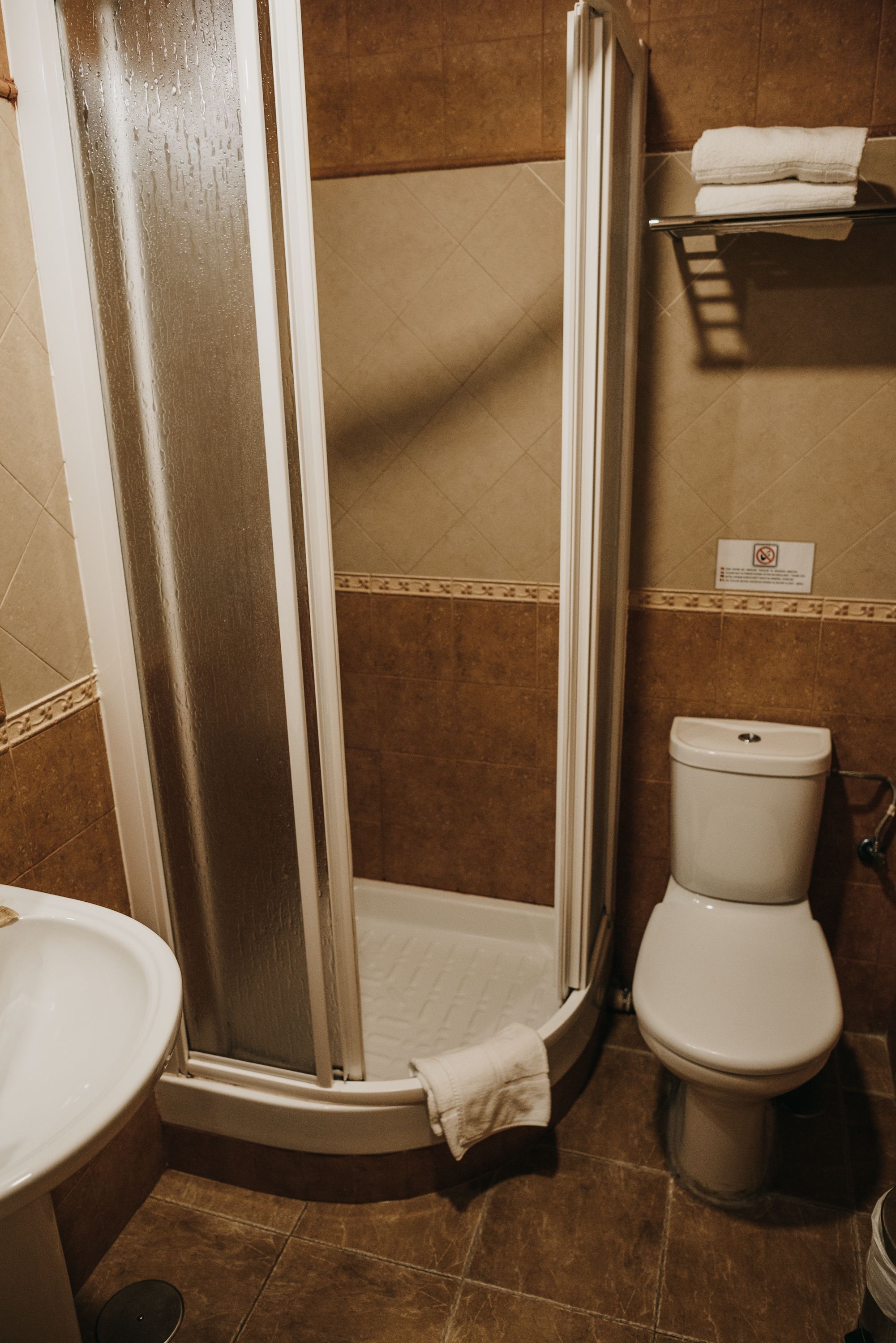 Baño con cabina de ducha, inodoro y toallero.