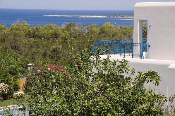 A coastal view with a white building, blue railing, and lush greenery. - Azzurro Luxury Holiday Villas (Pegeia)