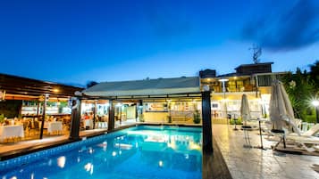 Outdoor pool, pool umbrellas, pool loungers