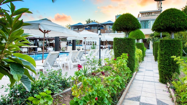 A poolside area with lounge chairs, umbrellas, and a pathway lined with neatly trimmed hedges. - Fitos Inn Guest House (Geroskipou)