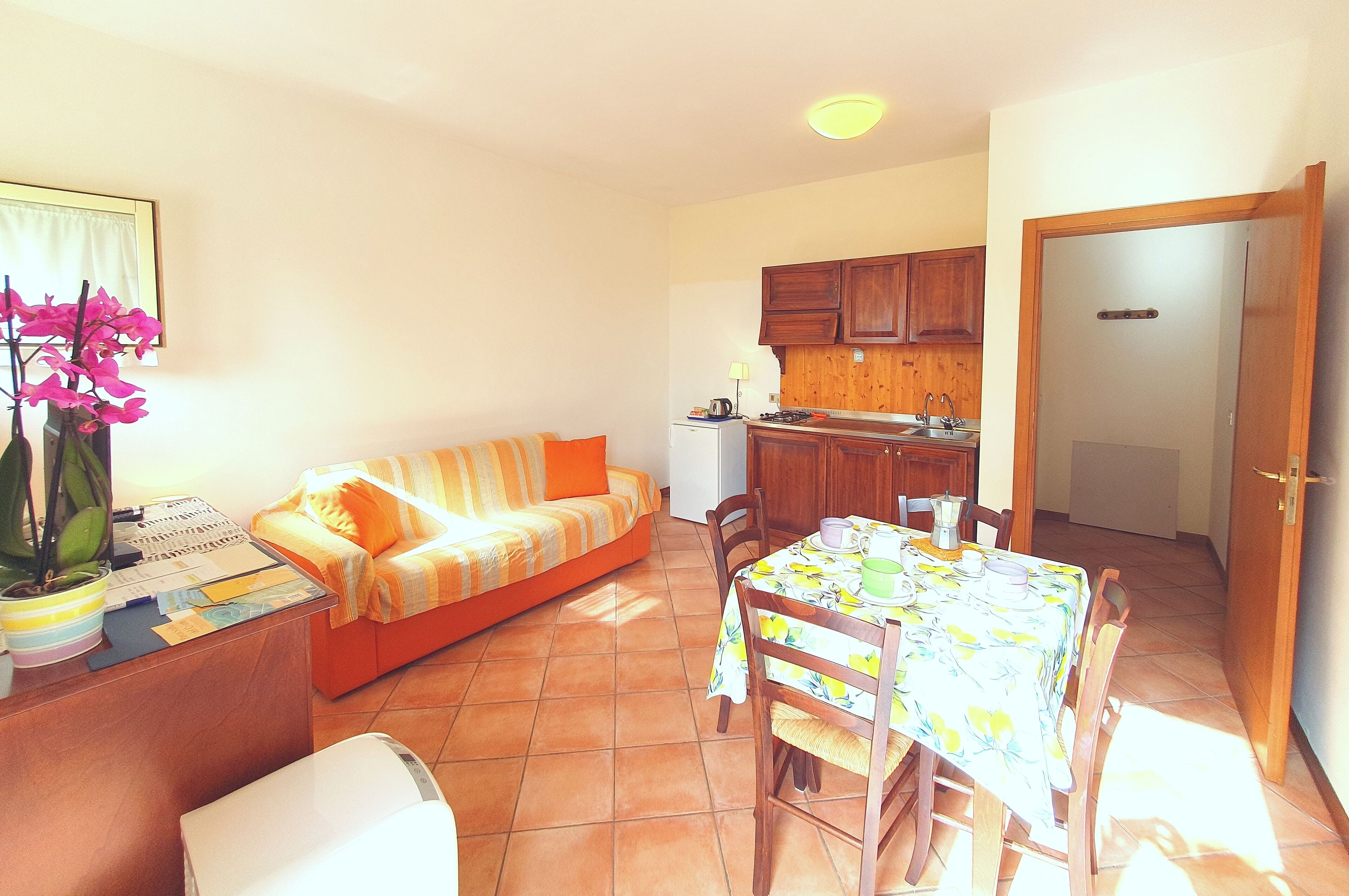 A compact living space with a sofa, dining table, and kitchen area.