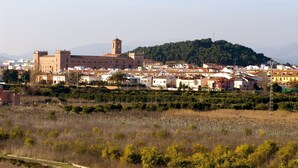 Eine historische Stadt mit einem markanten, schlossartigen Gebäude, umgeben von Wohnhäusern und einer hügeligen Landschaft.