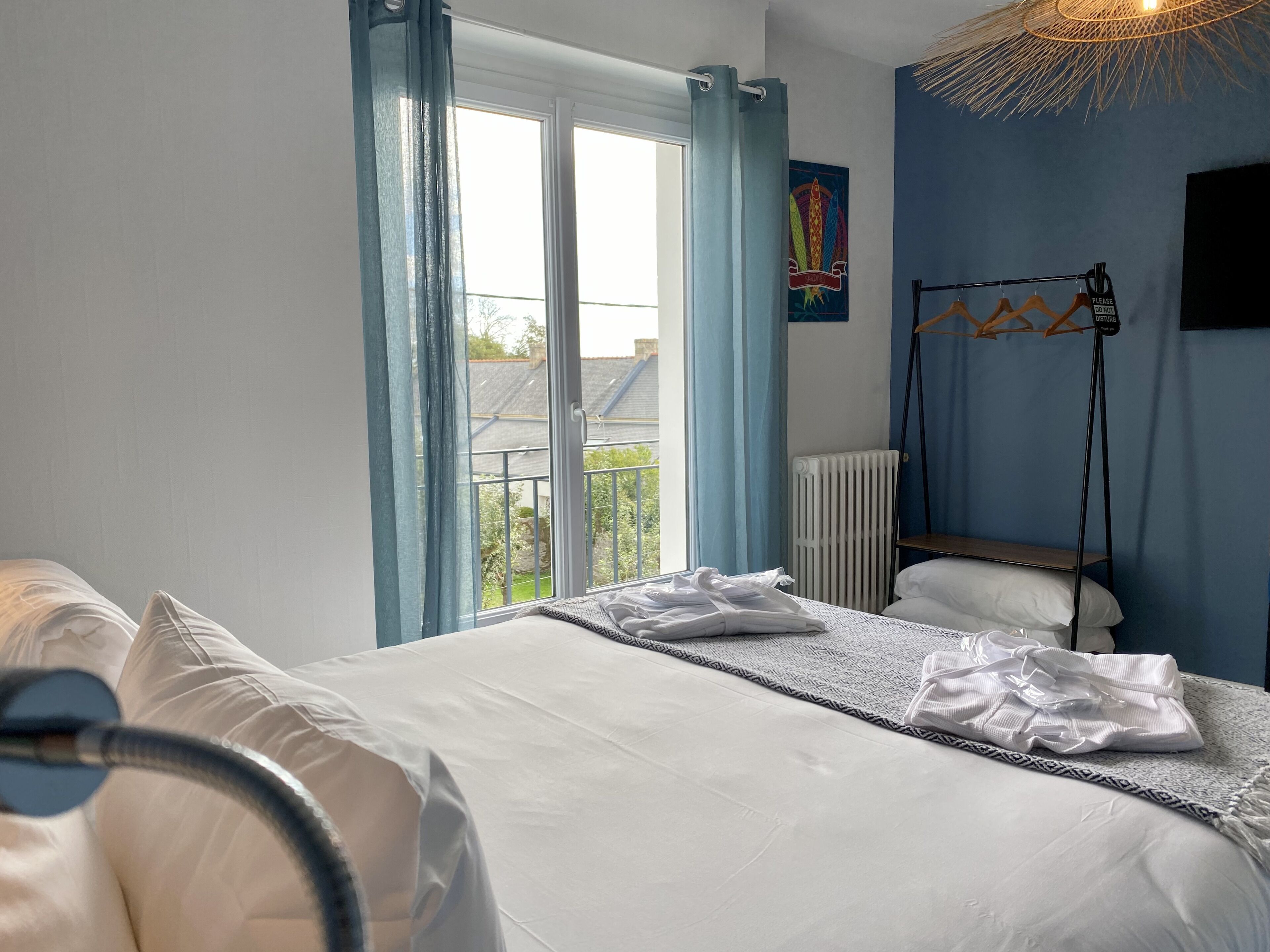 A bedroom with a bed, a radiator, a hanging clothes rack, and a view of the outdoors.