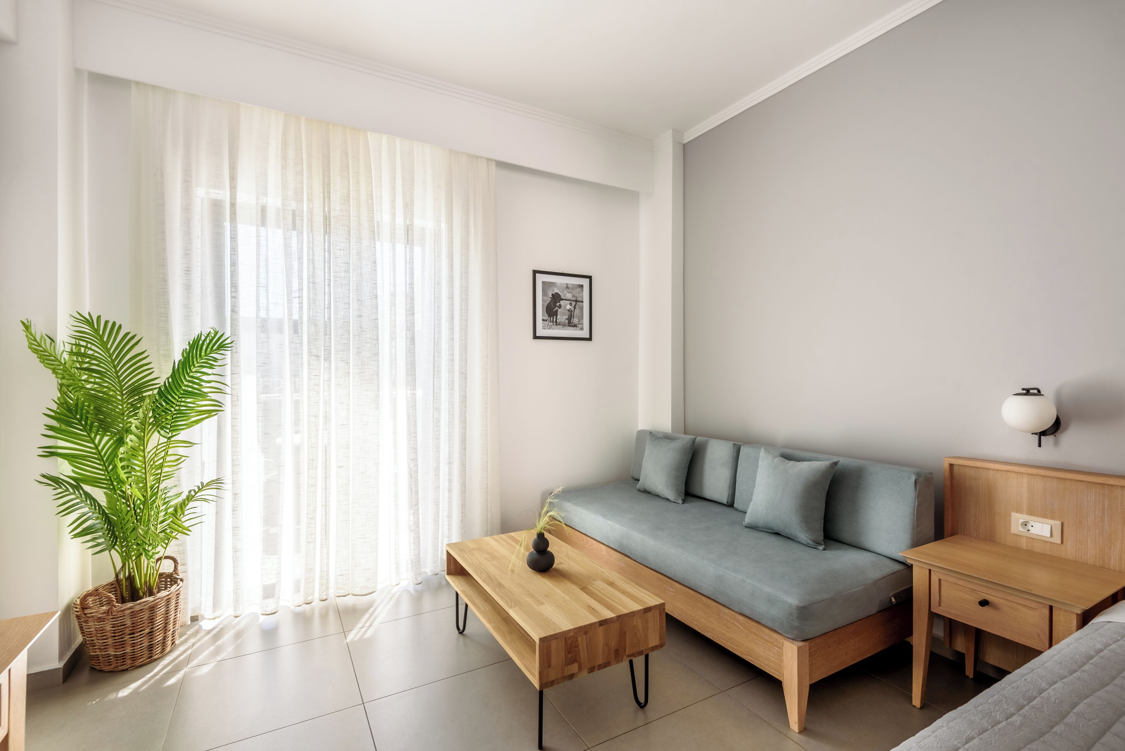 Una sala de estar moderna con un sofá, una mesa de centro de madera, una mesita auxiliar y una planta en maceta.