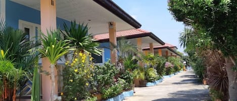 Una hilera de habitaciones de hotel con un paseo techado, rodeada de macetas y follaje variado.