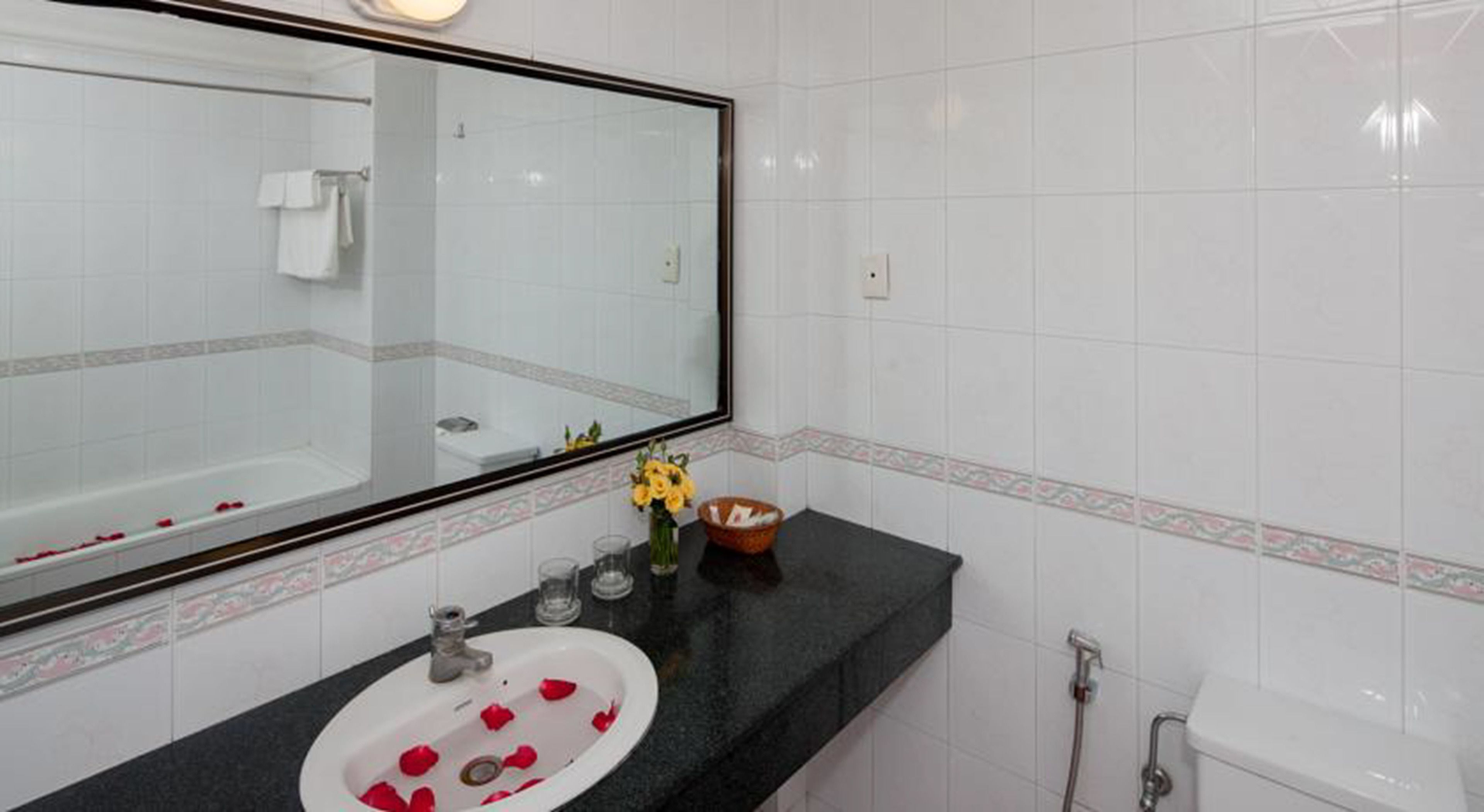 combined shower/bathtub, hair dryer, bathrobes, slippers