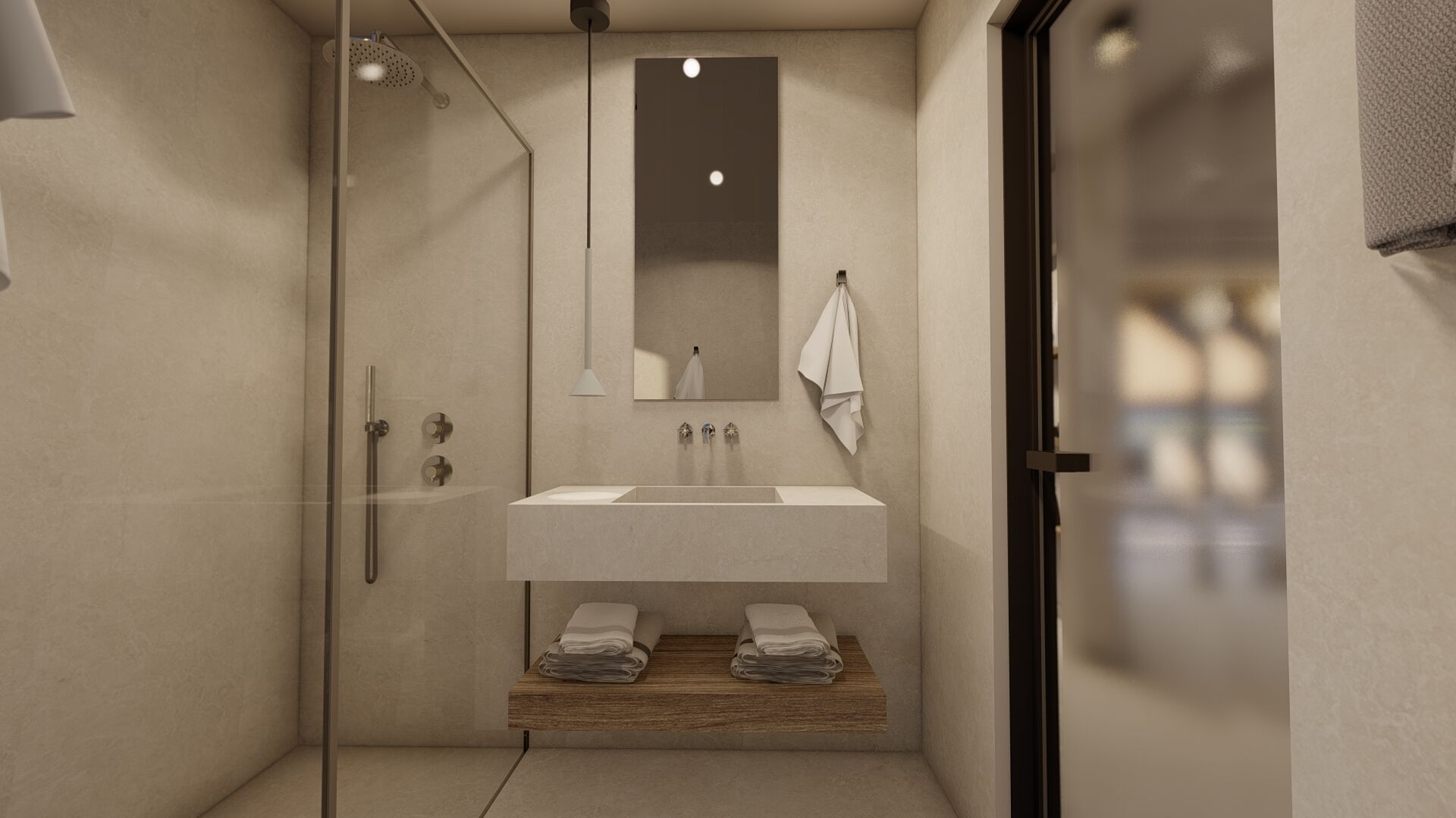 Une salle de bain moderne avec une douche à parois de verre, un lavabo avec un miroir au-dessus et un porte-serviettes.