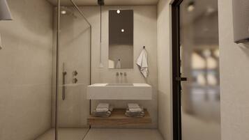 A modern bathroom with a glass shower enclosure, a sink with a mirror above, and a towel rack.