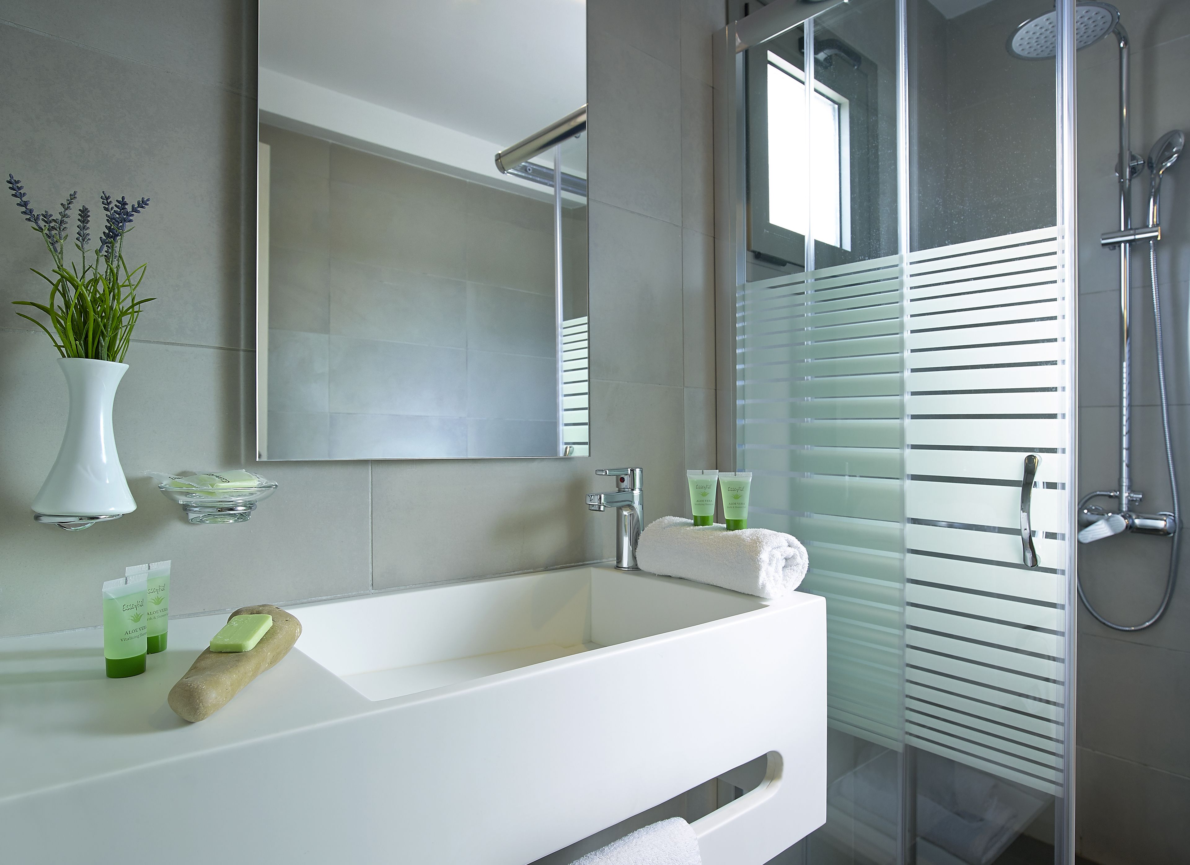 hair dryer, towels, soap, shampoo