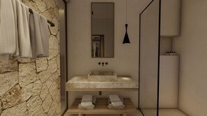 Deluxe Bungalow, Garden View | Bathroom | Hair dryer, towels, soap, shampoo - Coriva Beach Hotel (Ierapetra)