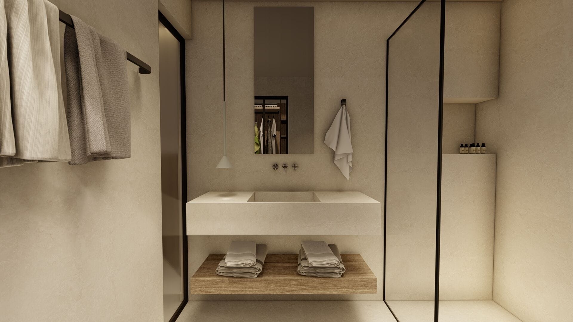Un baño moderno con lavamanos blanco, estante de madera y toallas colgando.