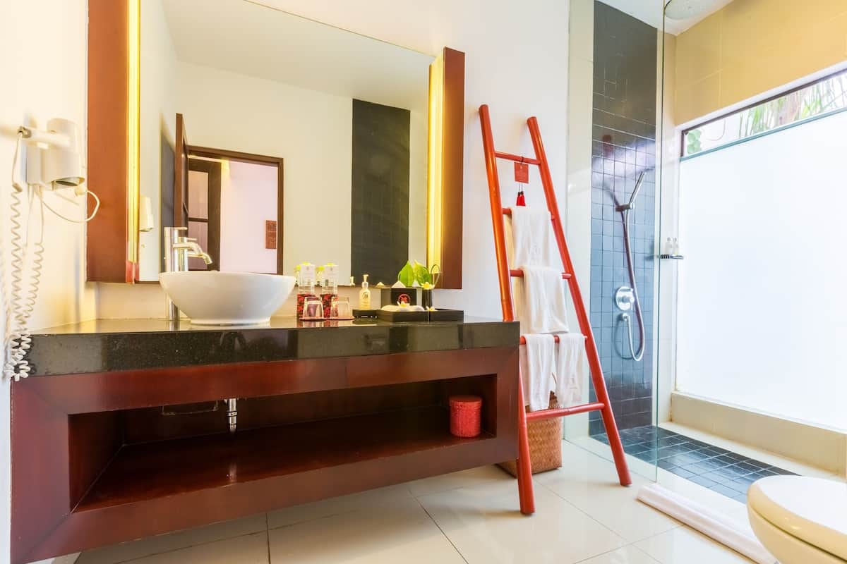 shower, rainfall showerhead, free toiletries, hair dryer