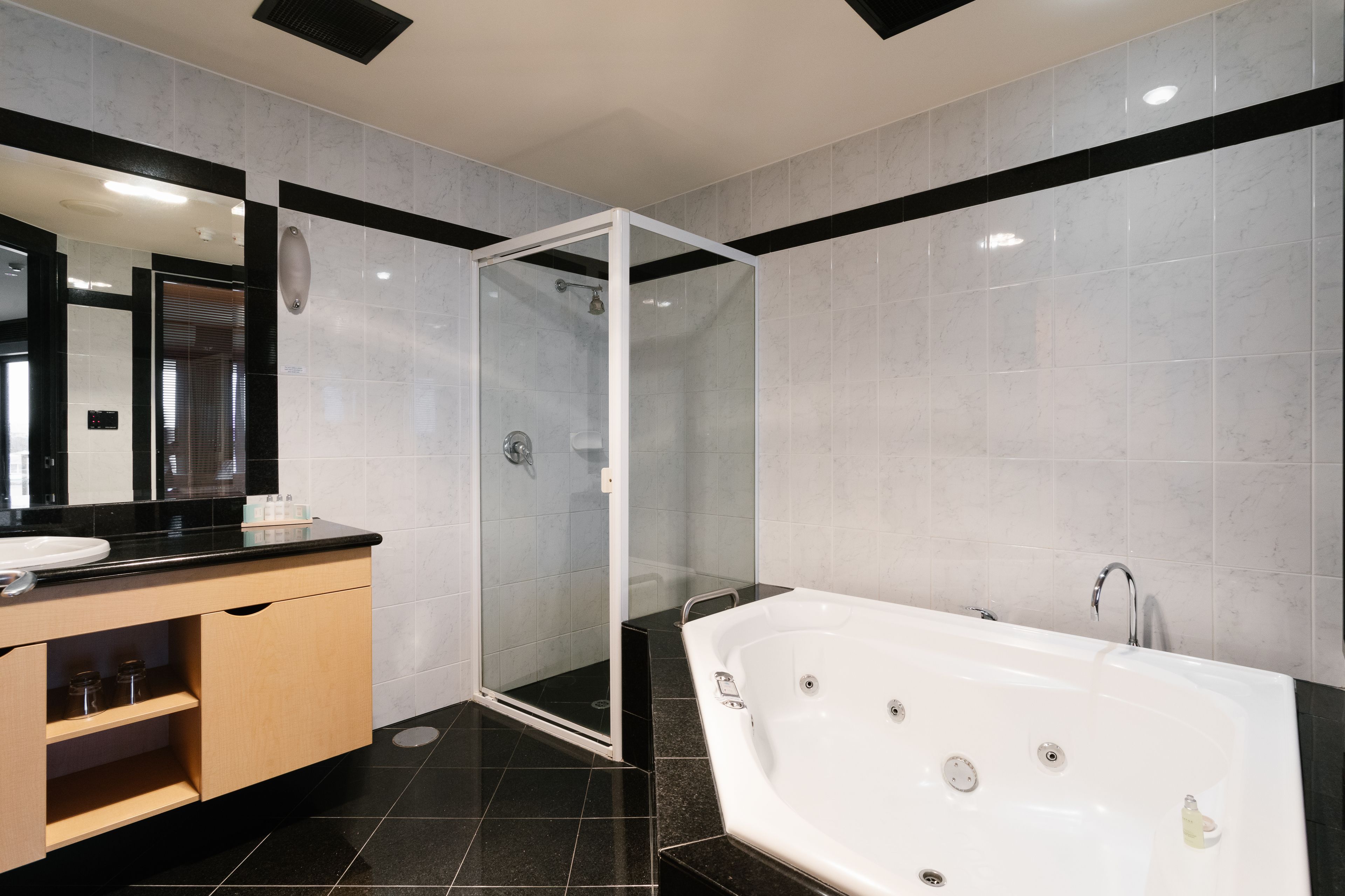 Un baño moderno con ducha envuelta en cristal, una bañera grande y un lavabo con espejo y lavamanos.