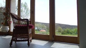 Une chaise en osier avec un coussin rouge, dans une pièce dotée de grandes fenêtres qui offrent une vue sur un paysage verdoyant et un bâtiment situé au loin.