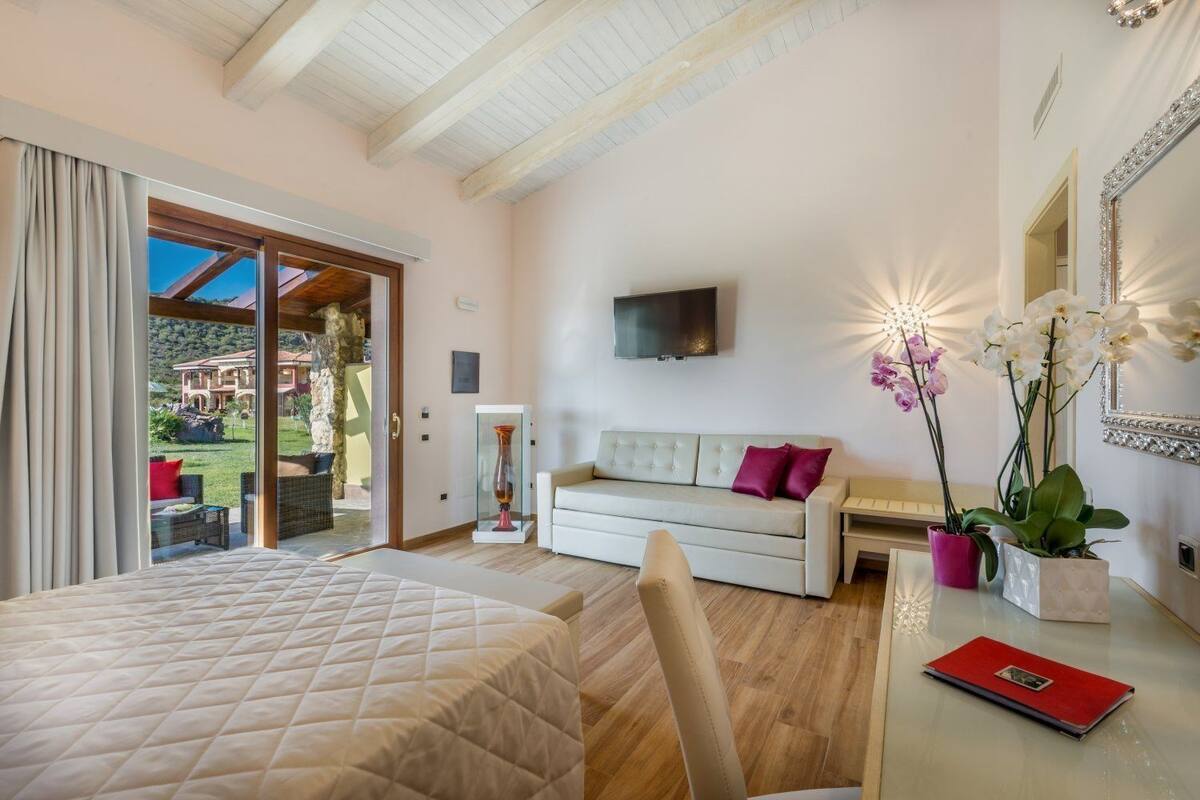 A bedroom with a large bed, a sofa, a TV, and a view of the outside.