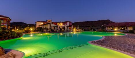 Outdoor pool, pool umbrellas, pool loungers