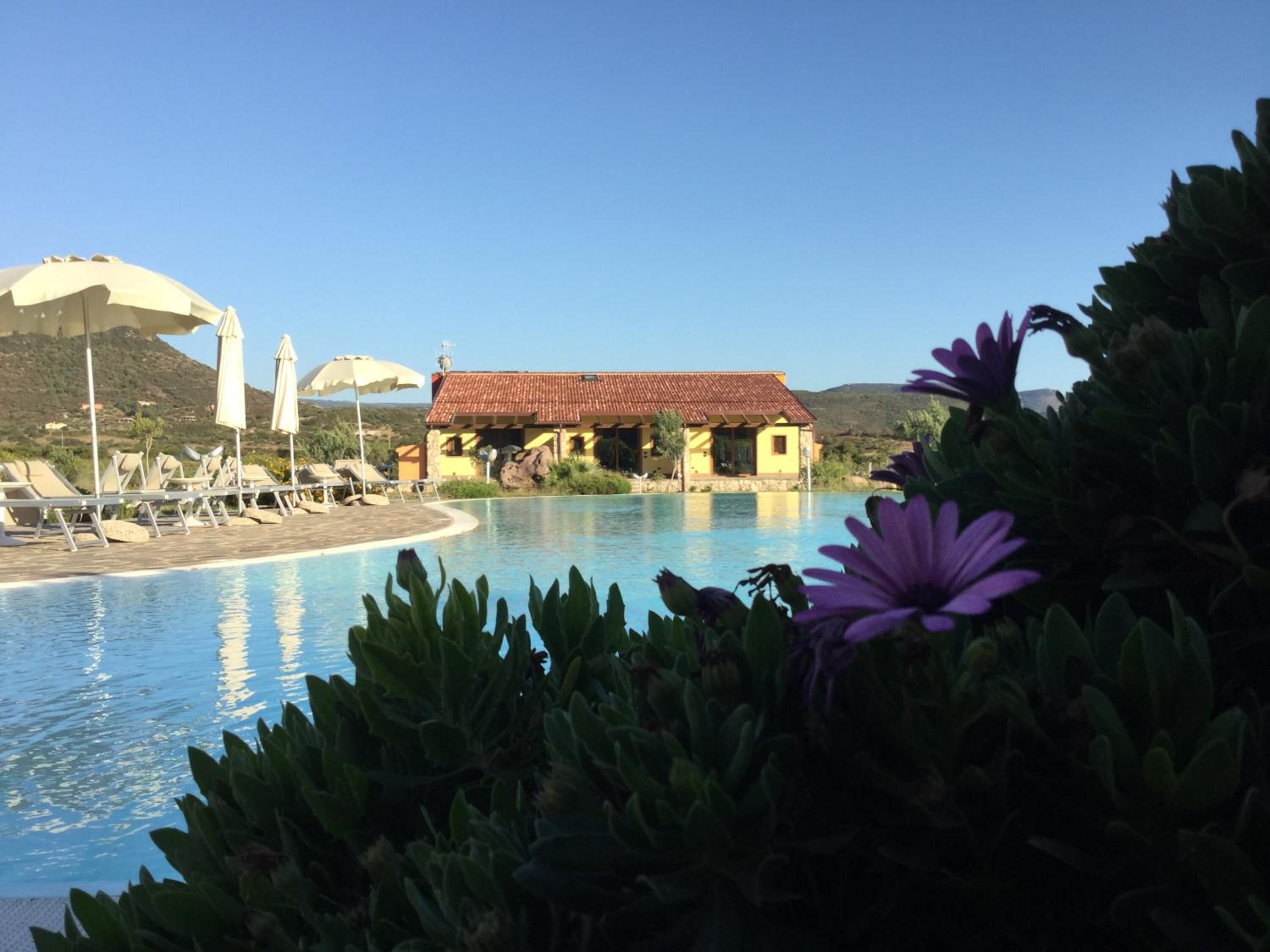 Ein Poolbereich mit Liegestühlen, ein Gebäude mit rotem Dach und einem strahlend blauen Himmel.