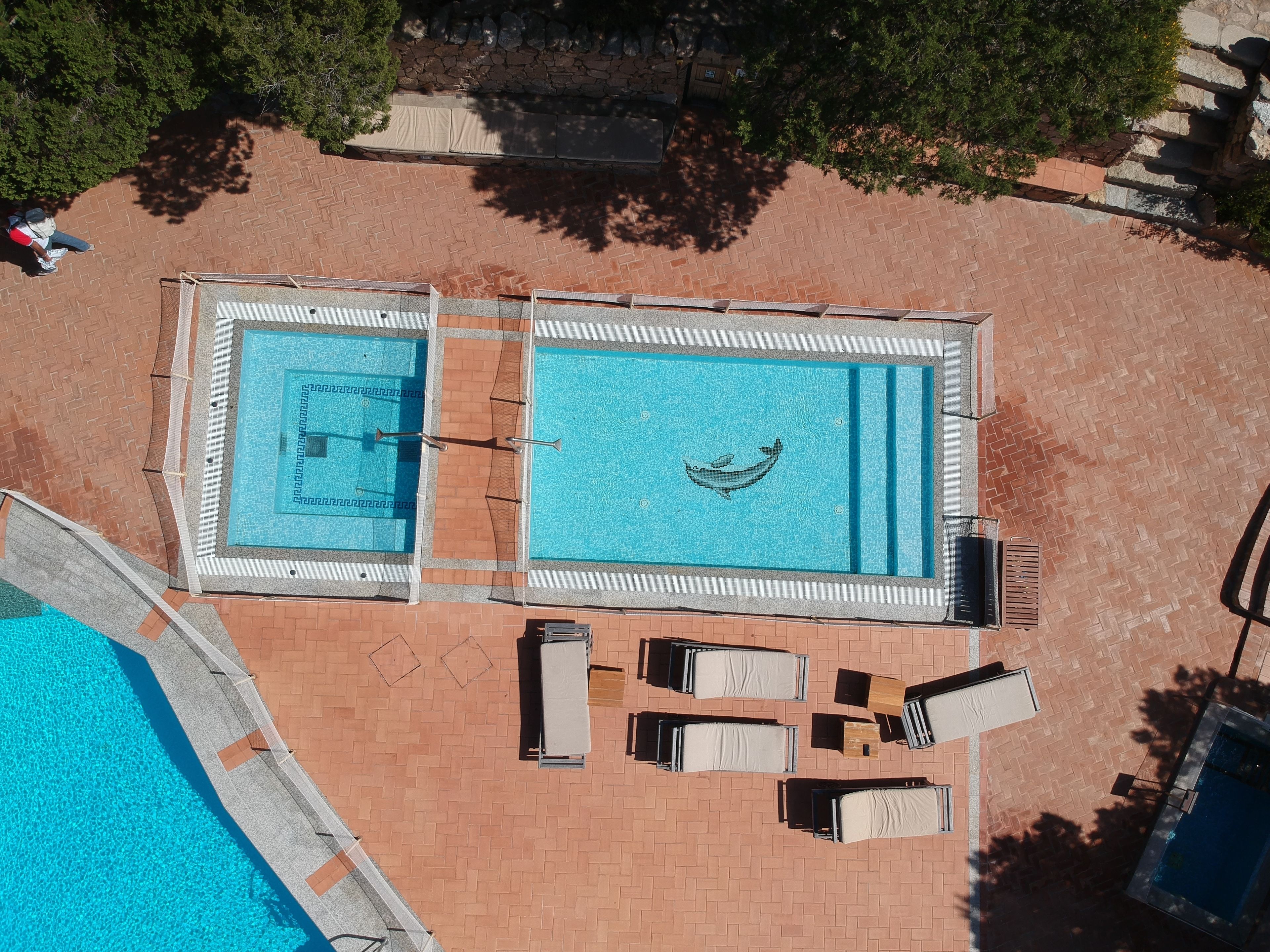 An aerial view of a swimming pool area with two pools, lounge chairs, and a dolphin mural.