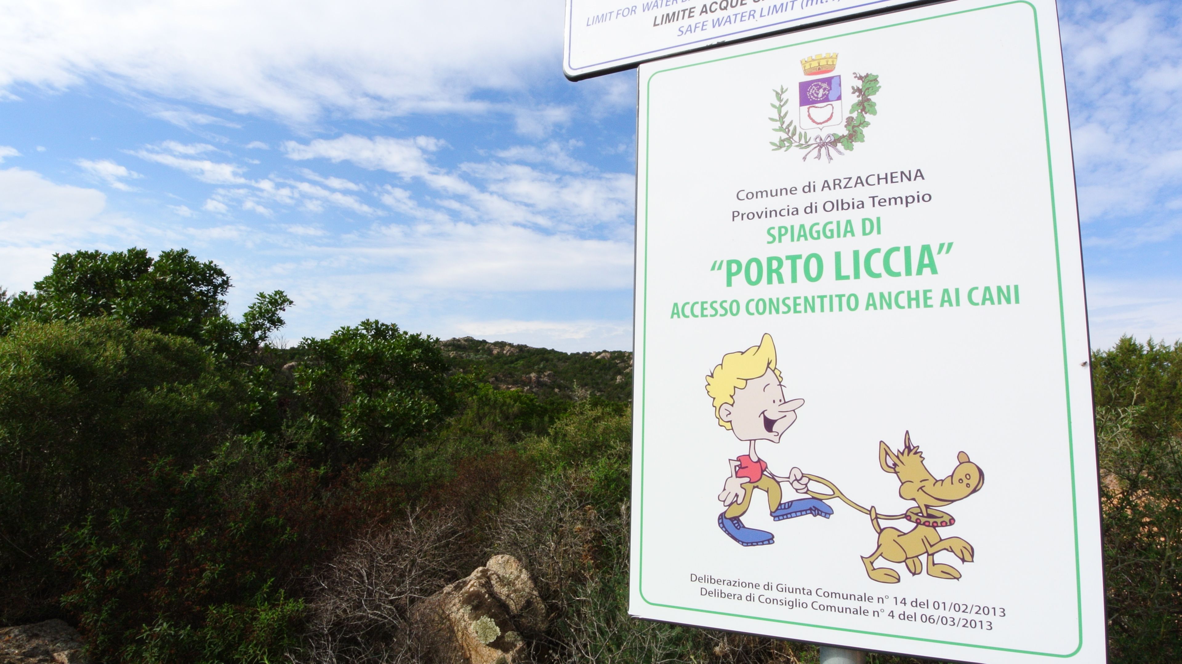 A sign with a cartoon character and a dog, indicating access consent to 'Porto Liccia'.