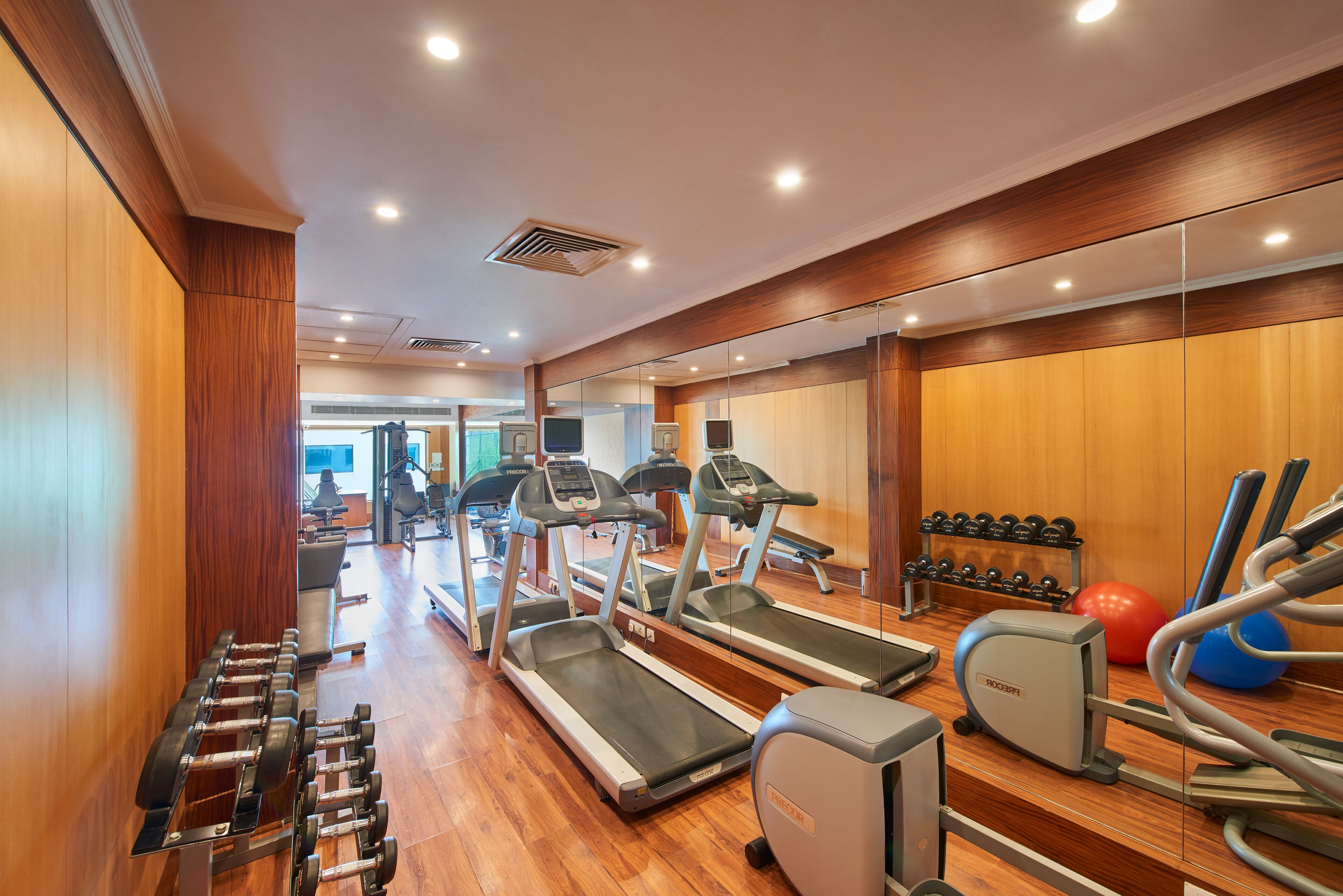 A gym with treadmills, dumbbells, and exercise balls.