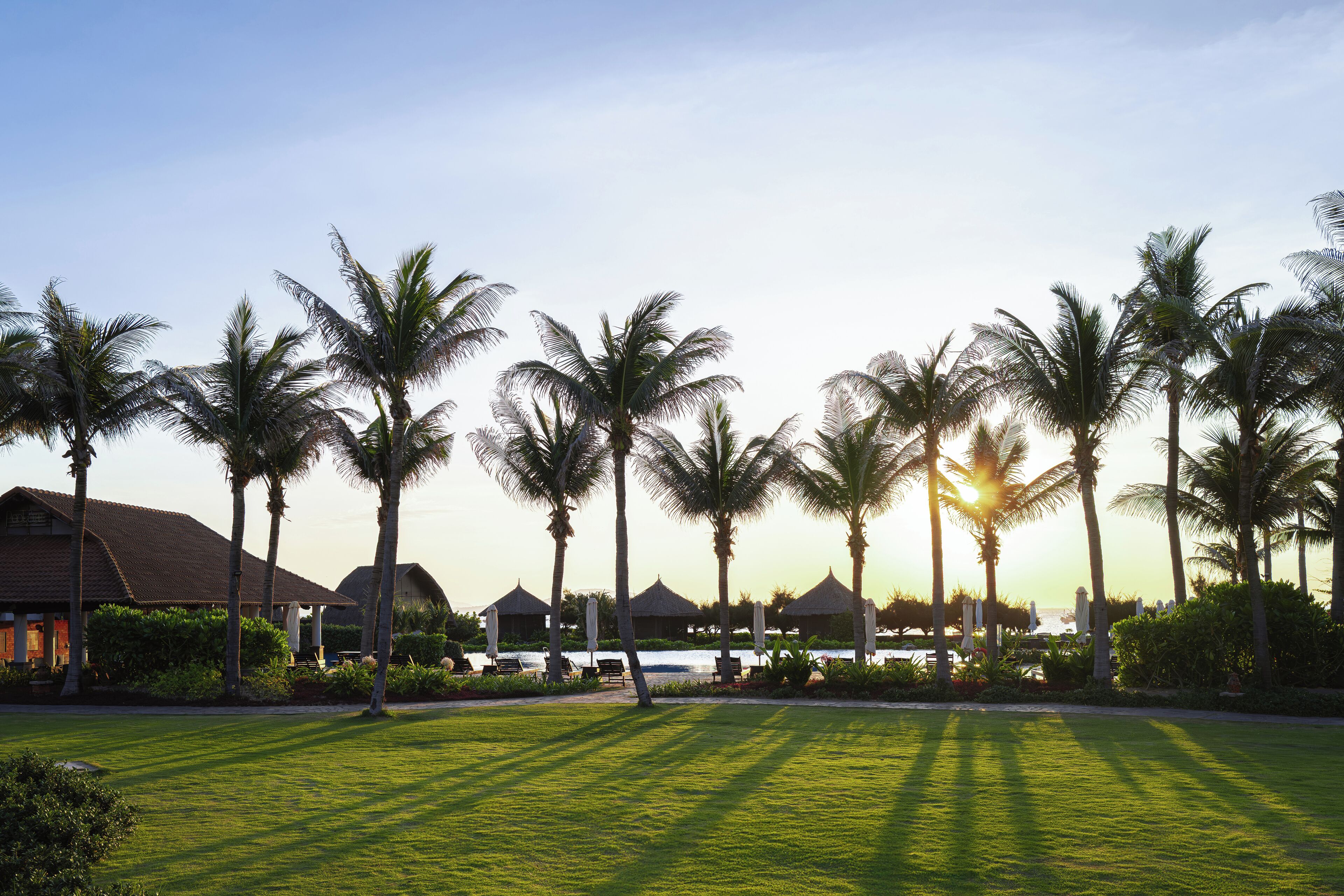 A resort with palm trees, a well-maintained lawn, and thatched-roof structures.