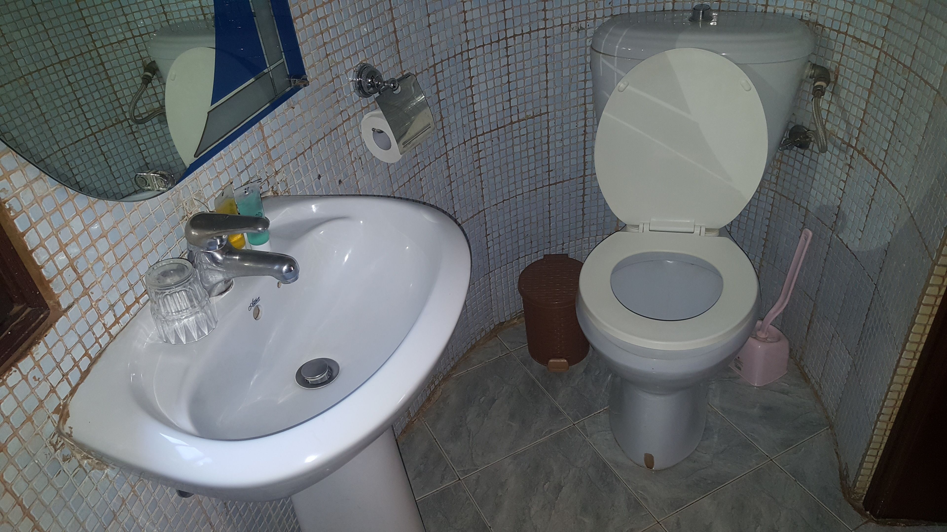 A bathroom with a white sink, a toilet, and a mirror.