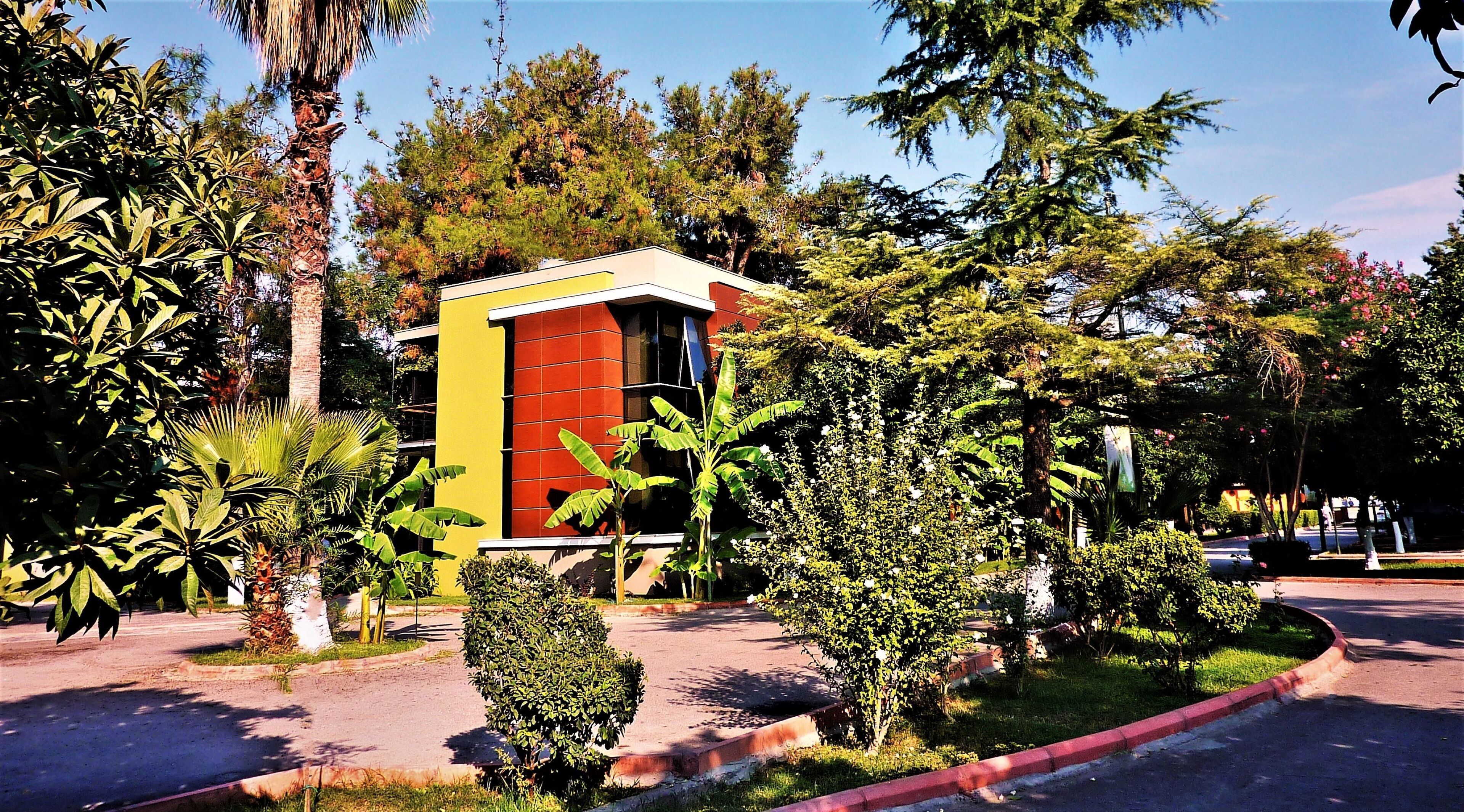 A small, colorful building with a red and yellow facade, surrounded by lush greenery and trees.