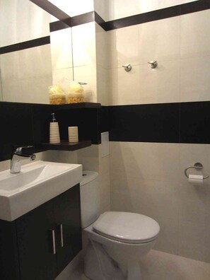 A bathroom with a white sink, black cabinets, a toilet, and a mirror. - Unique Warsaw Center Apartment (Warsaw)
