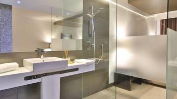 A modern bathroom with a glass shower enclosure, a white sink, and a large mirror.